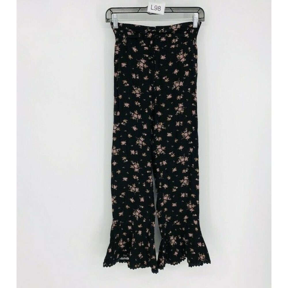 Free People Women Black Floral Viscose High Rise Ruffle Hem Casual Trouser Small